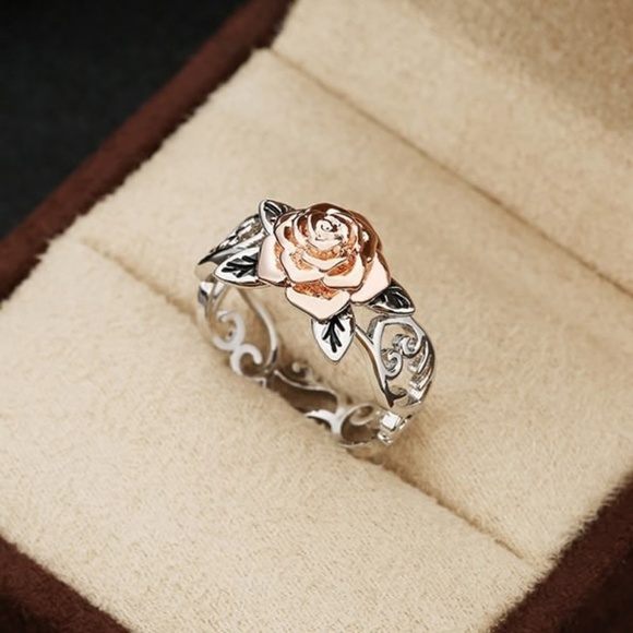 Sterling Silver Rose Gold Flower Scroll Ring - Picture 2 of 8
